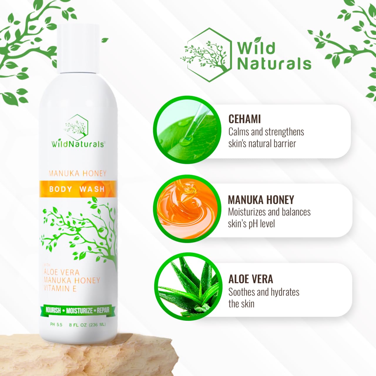 Wild Naturals body wash foam close-up demonstrates rich lather, gentle cleansing