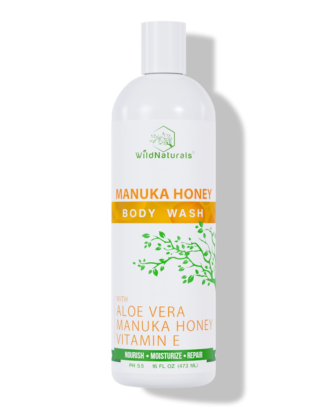 Wild Naturals Manuka Honey Body Wash bottle shows organic, sulfate-free cleansing