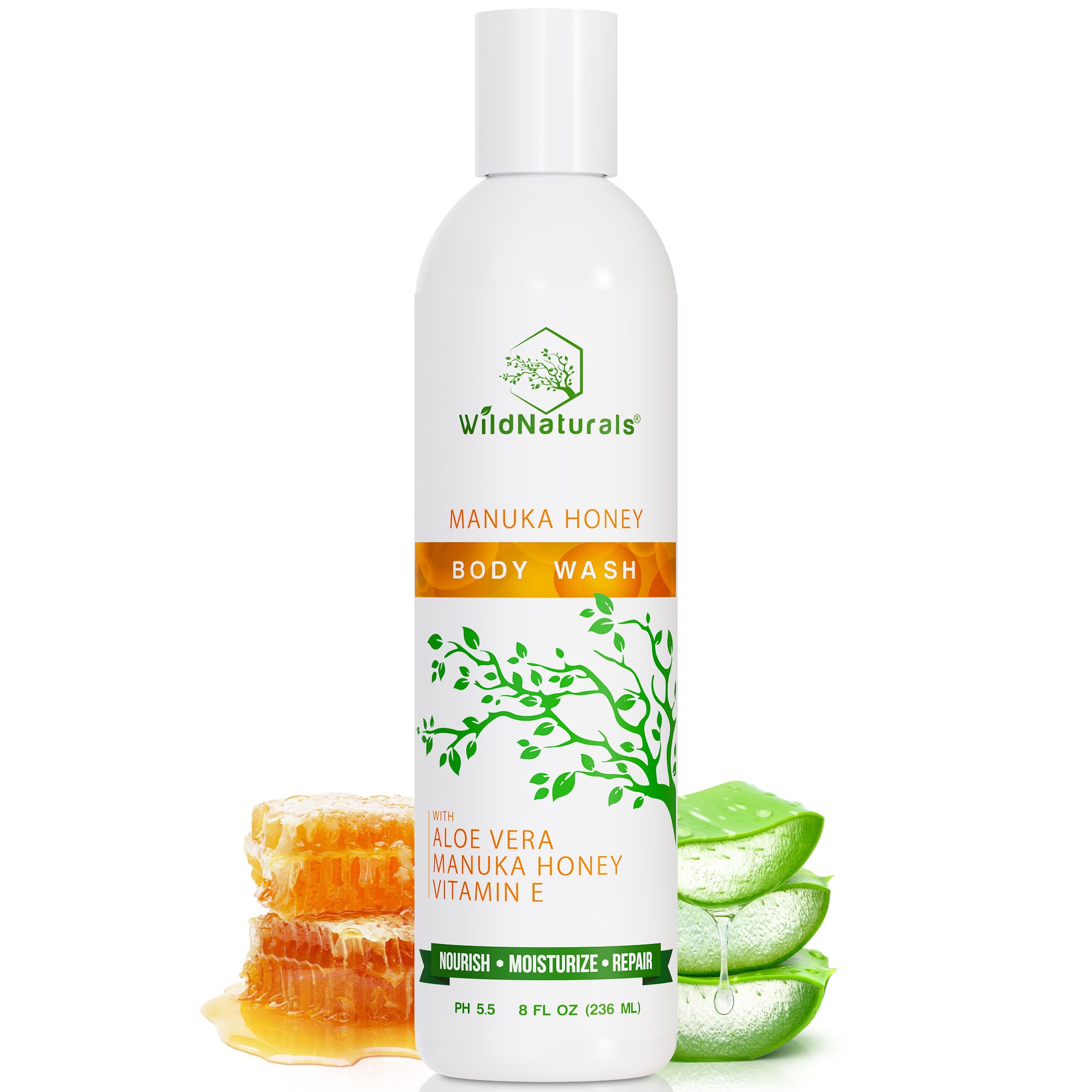 Wild Naturals Manuka Honey Body Wash bottle highlighting organic formula for sensitive skin.