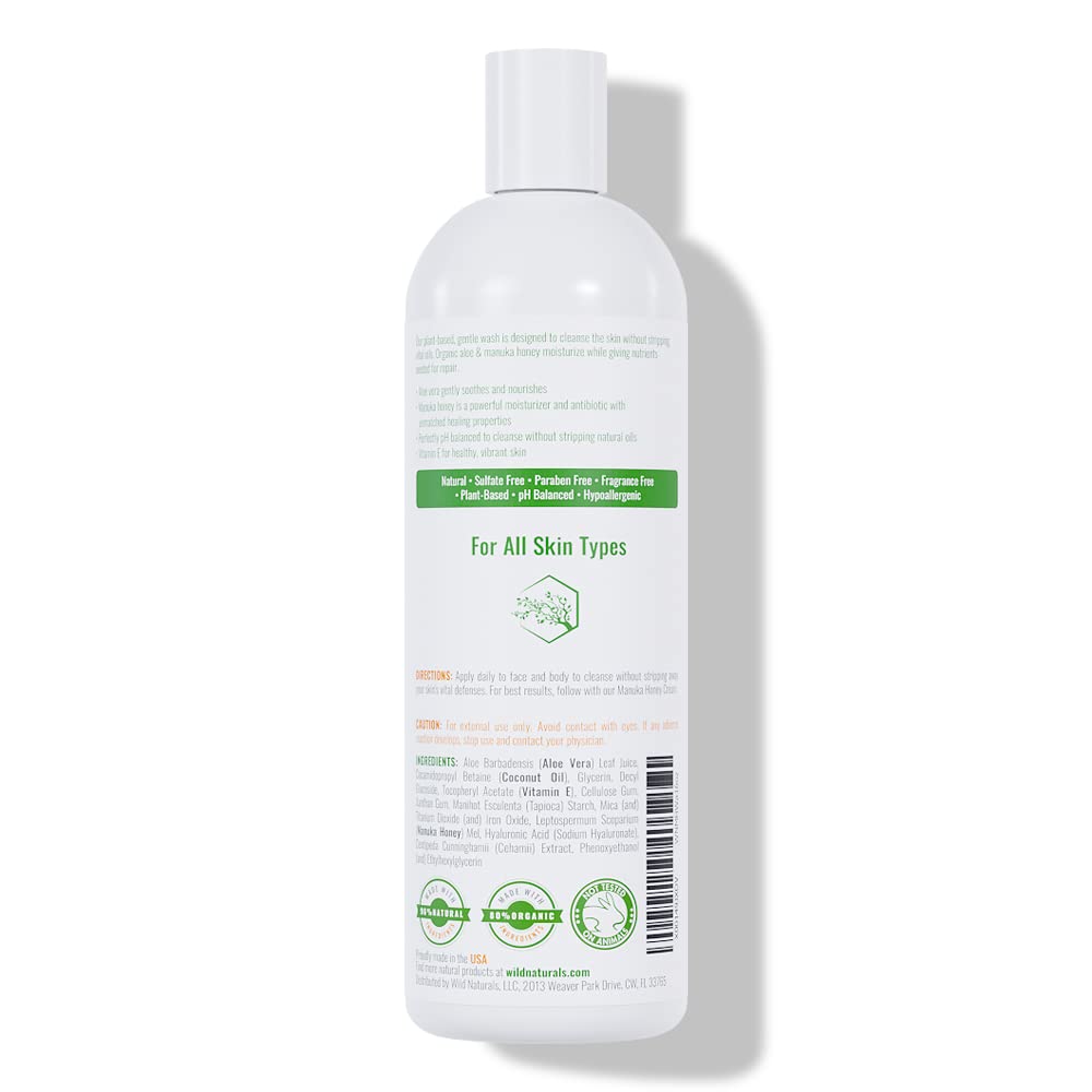 Wild Naturals Manuka Honey Body Wash label highlights UMF 12+ honey
