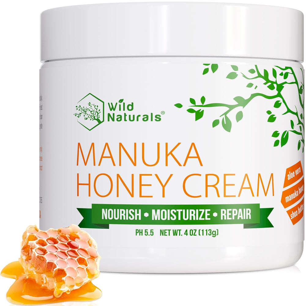 Wild Naturals Manuka Honey Moisturizer jar closeup showing rich hydration for dry skin