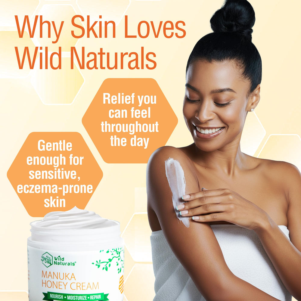 Wild Naturals Manuka Honey Moisturizer jar opened to reveal thick cream