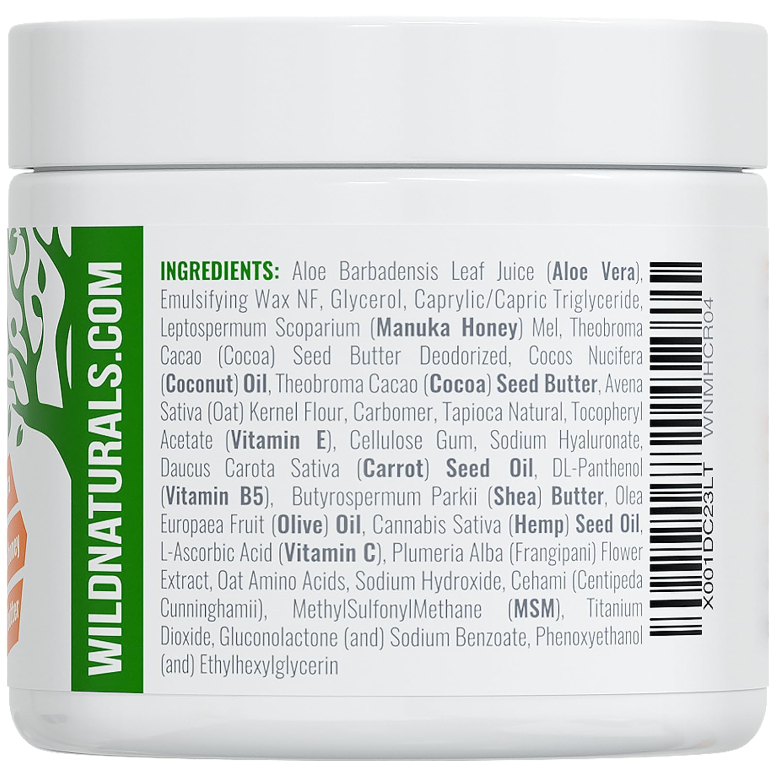 Wild Naturals Manuka Honey Moisturizer label highlights UMF 12+ honey