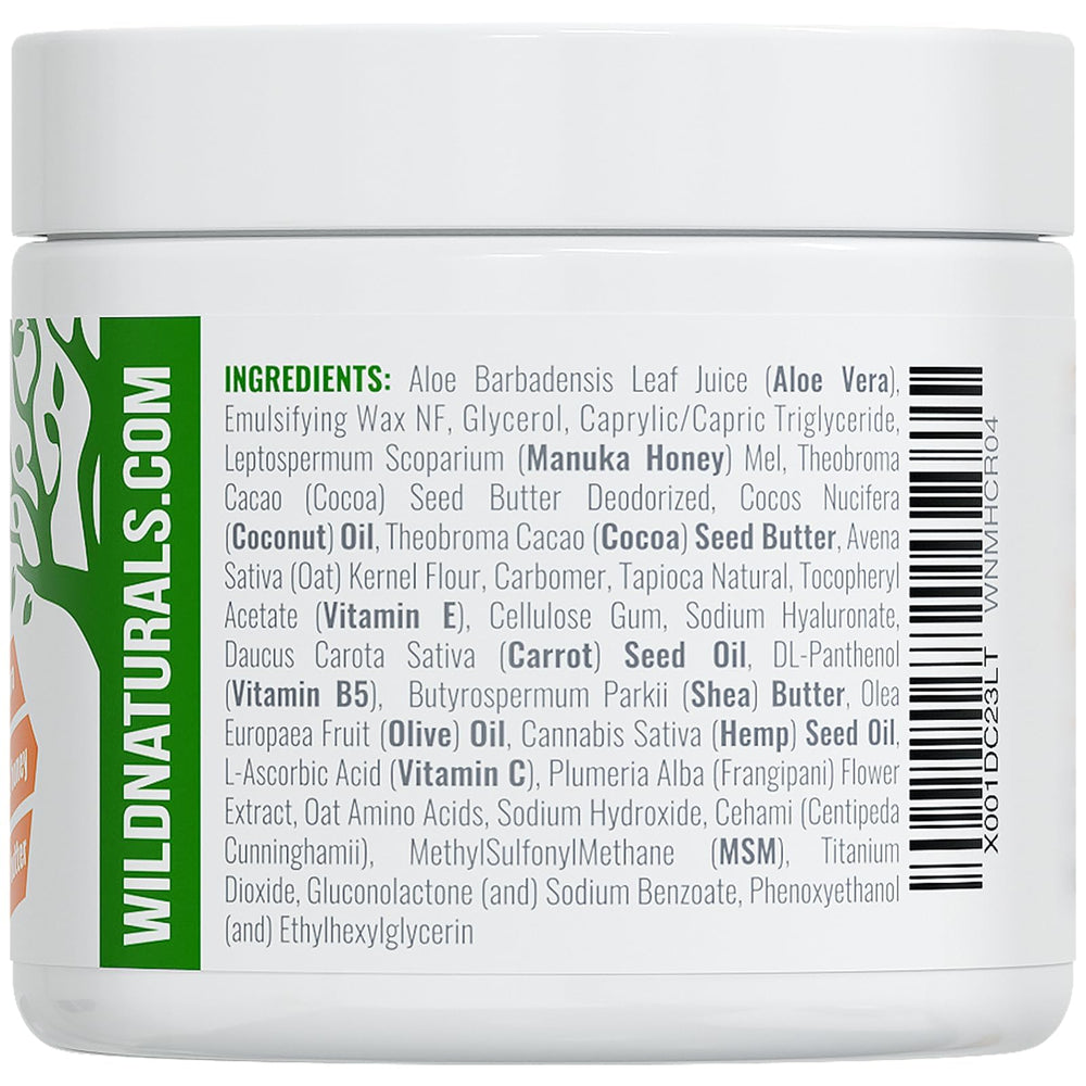 Wild Naturals Manuka Honey Moisturizer label highlights UMF 12+ honey