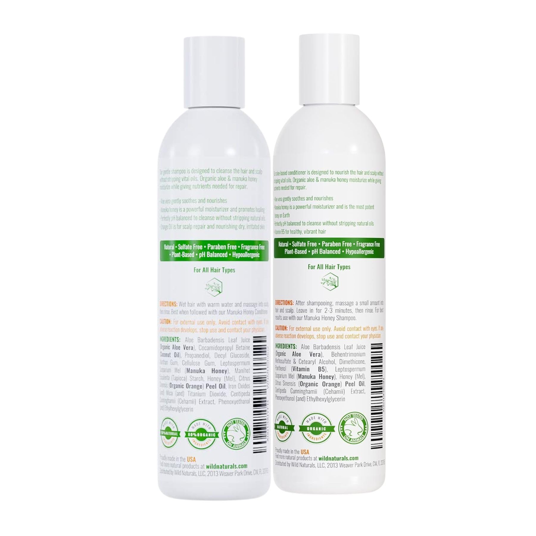 Wild Naturals Manuka Honey Shampoo & Conditioner on shelf, natural ingredients focus.