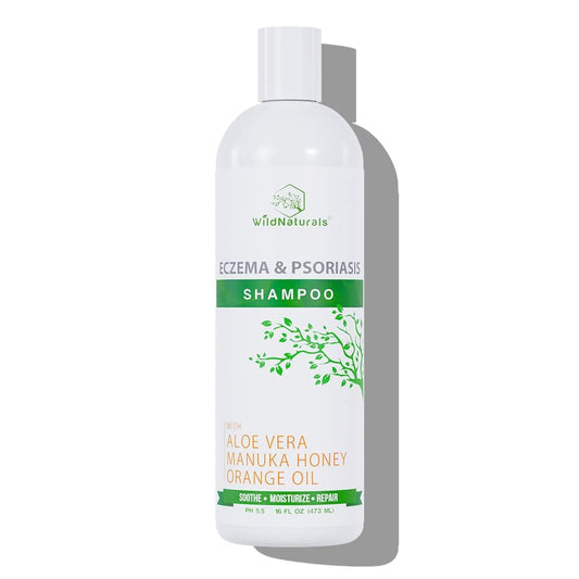 Wild Naturals Psoriasis Shampoo bottle front for hydrating scalp care.
