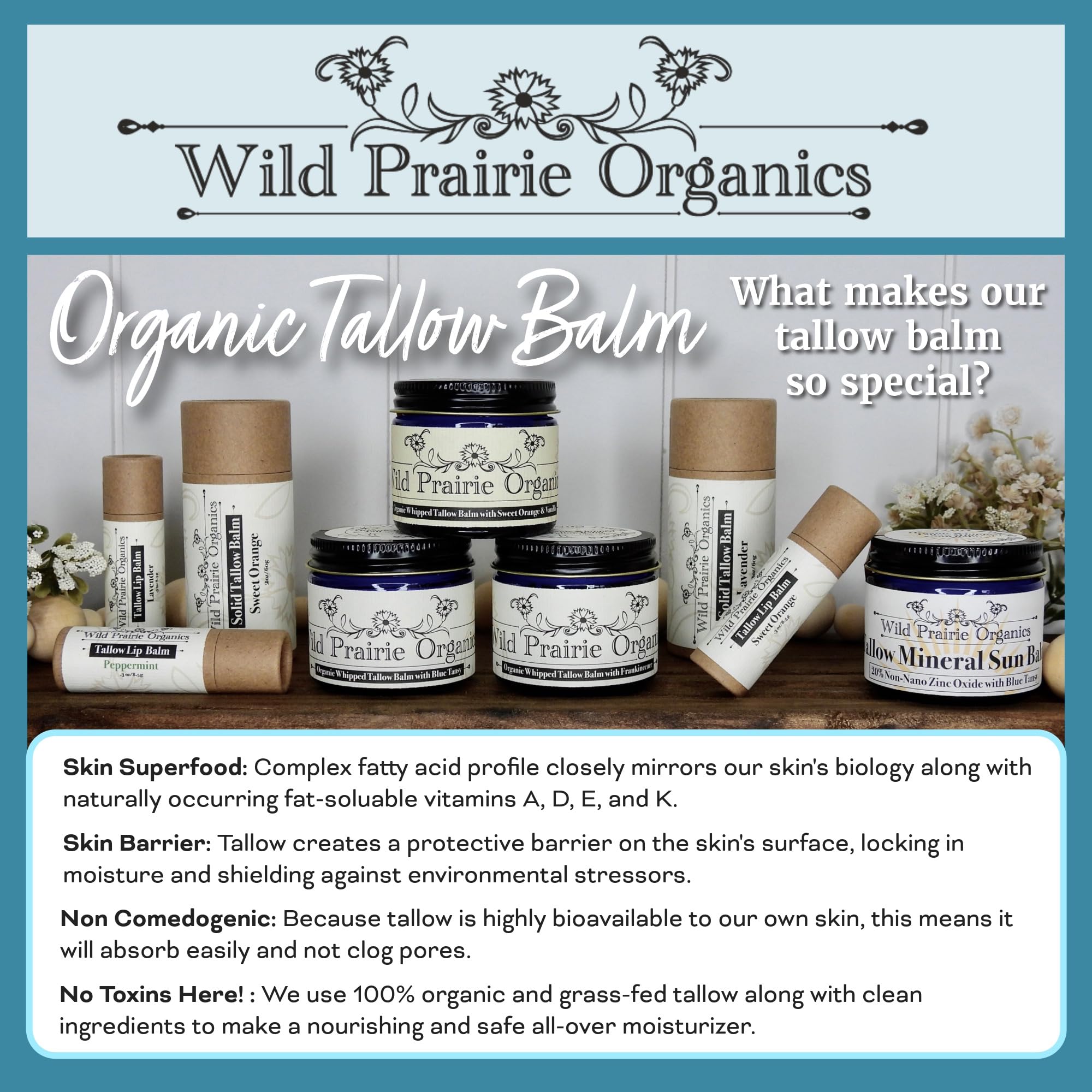 Wild Prairie Organics label close-up highlights organic pasture-raised tallow.