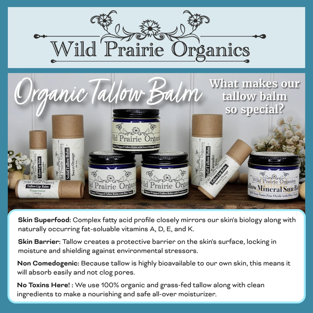 Wild Prairie Organics label close-up highlights organic pasture-raised tallow.