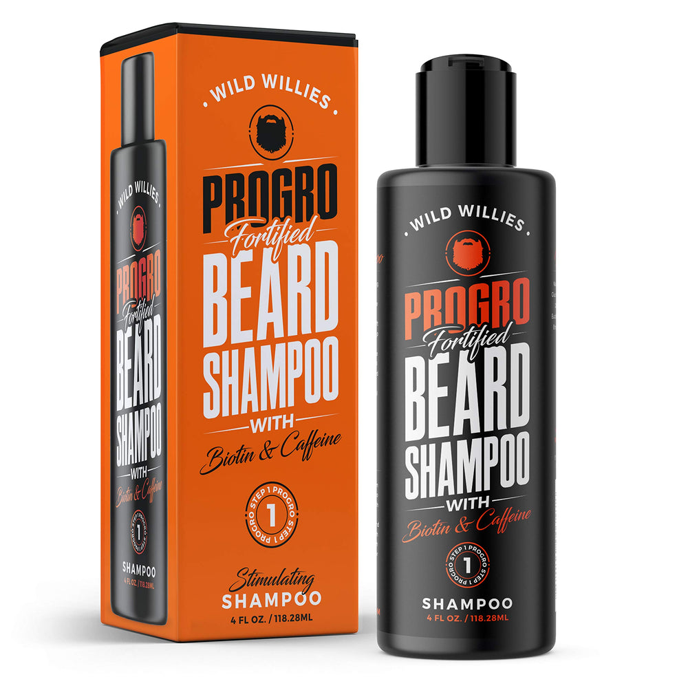 Wild Willies Beard Shampoo bottle front view highlights biotin and caffeine for healthier beard.