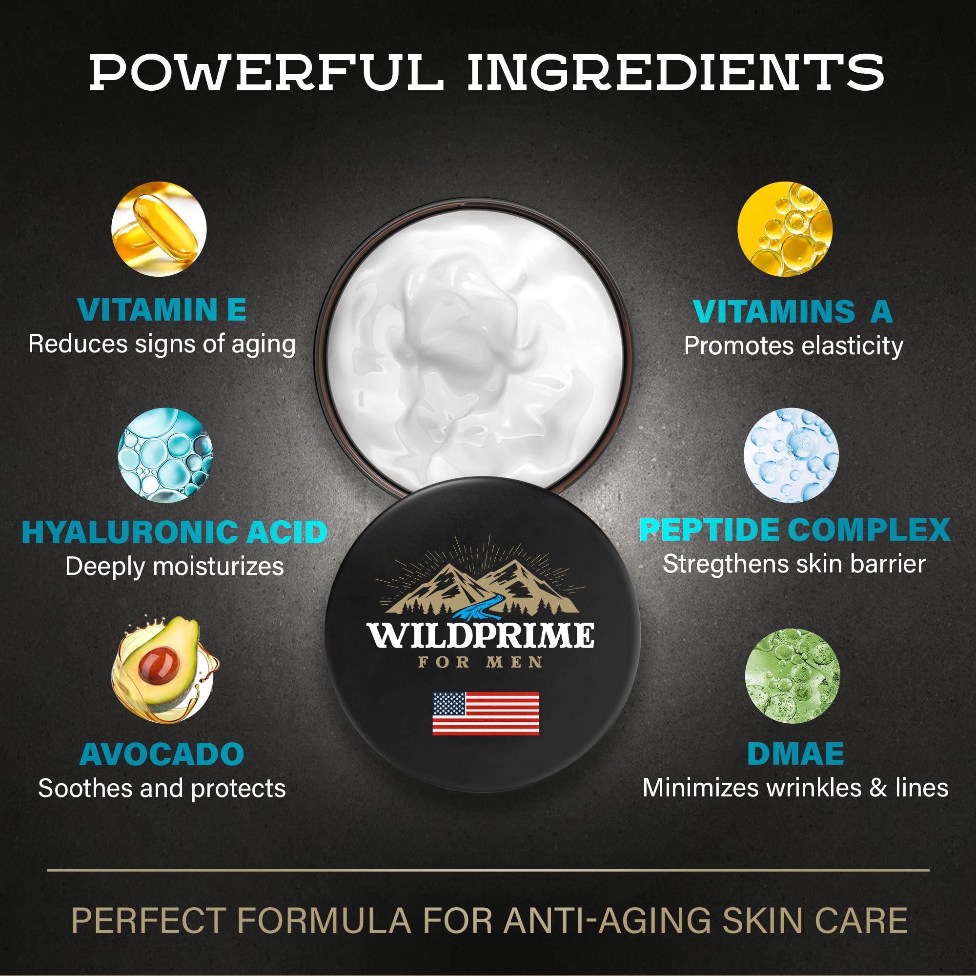 WildPRIME hyaluronic acid vitamin E and A ingredients closeup showing hydration and conditioning