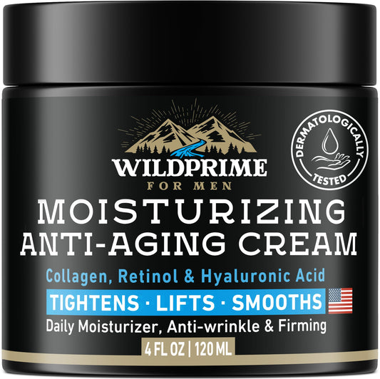 WildPRIME men's face moisturizer bottle closeup showing premium packaging and daily hydration benefits