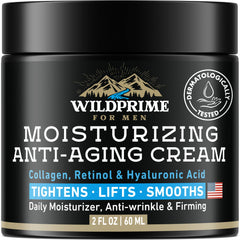 WildPRIME men's face moisturizer jar showing rich hydration for daily use.