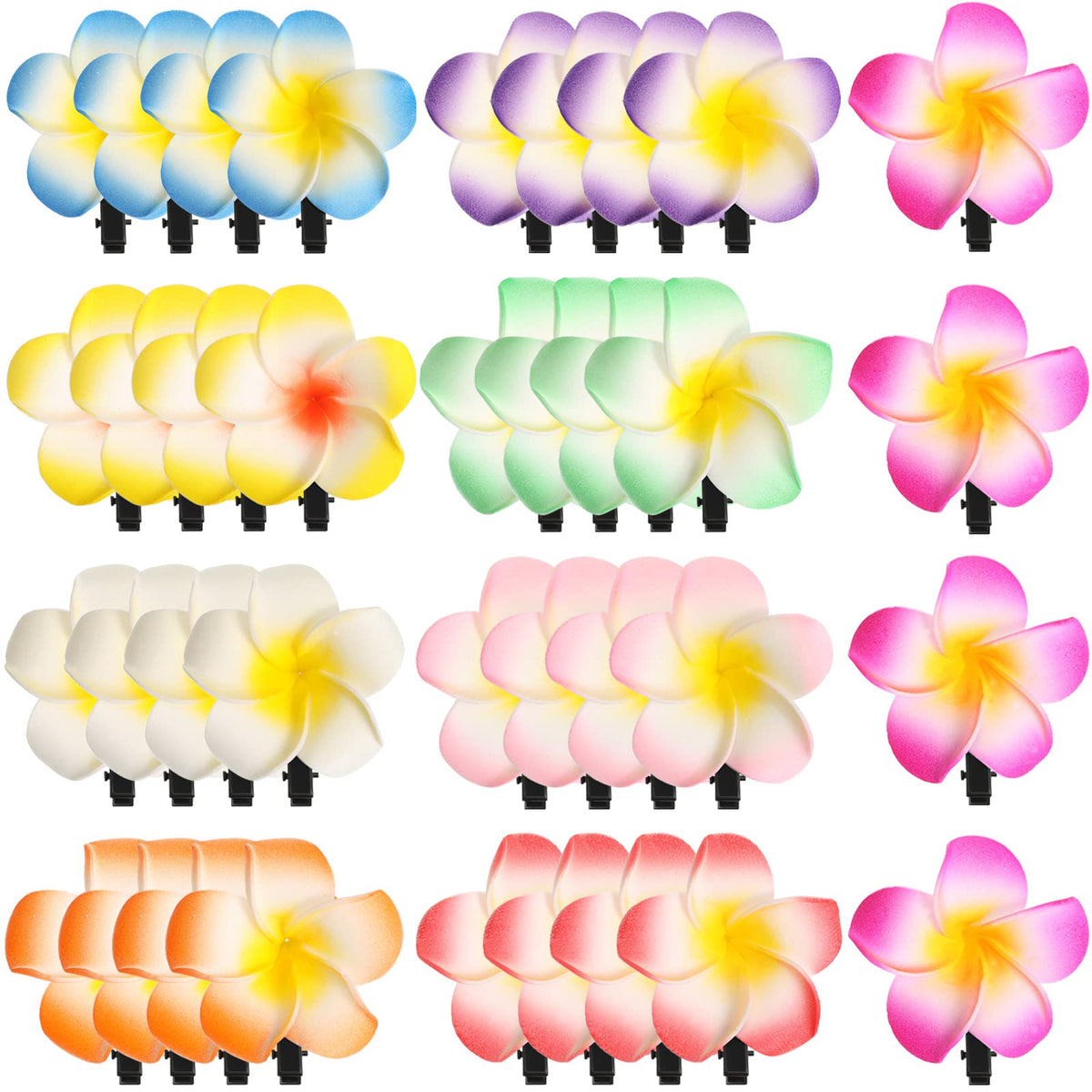 WILLBOND Hawaiian plumeria clip closeup with lightweight foam flower for beach styling.