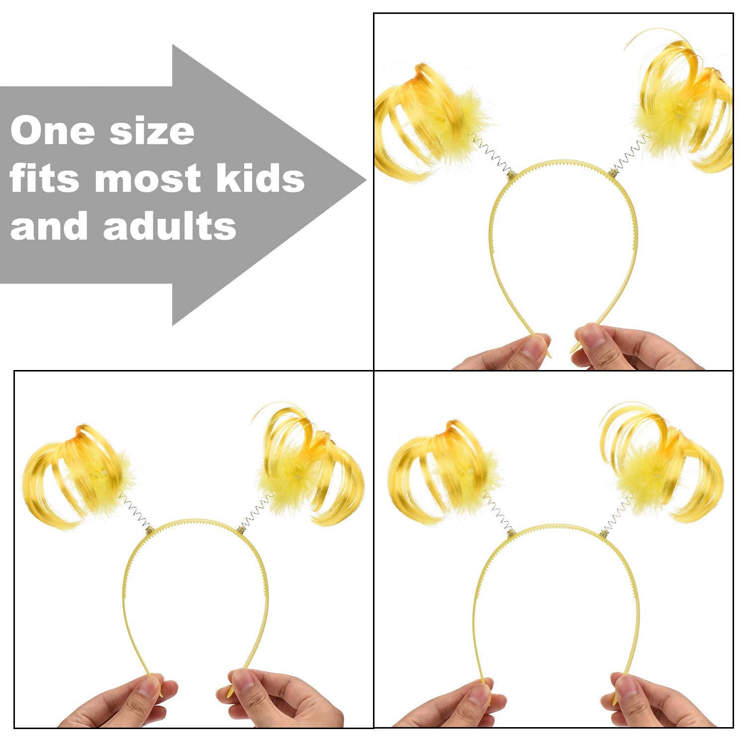 Willbond yellow feather headband with vibrant ponytail accent.