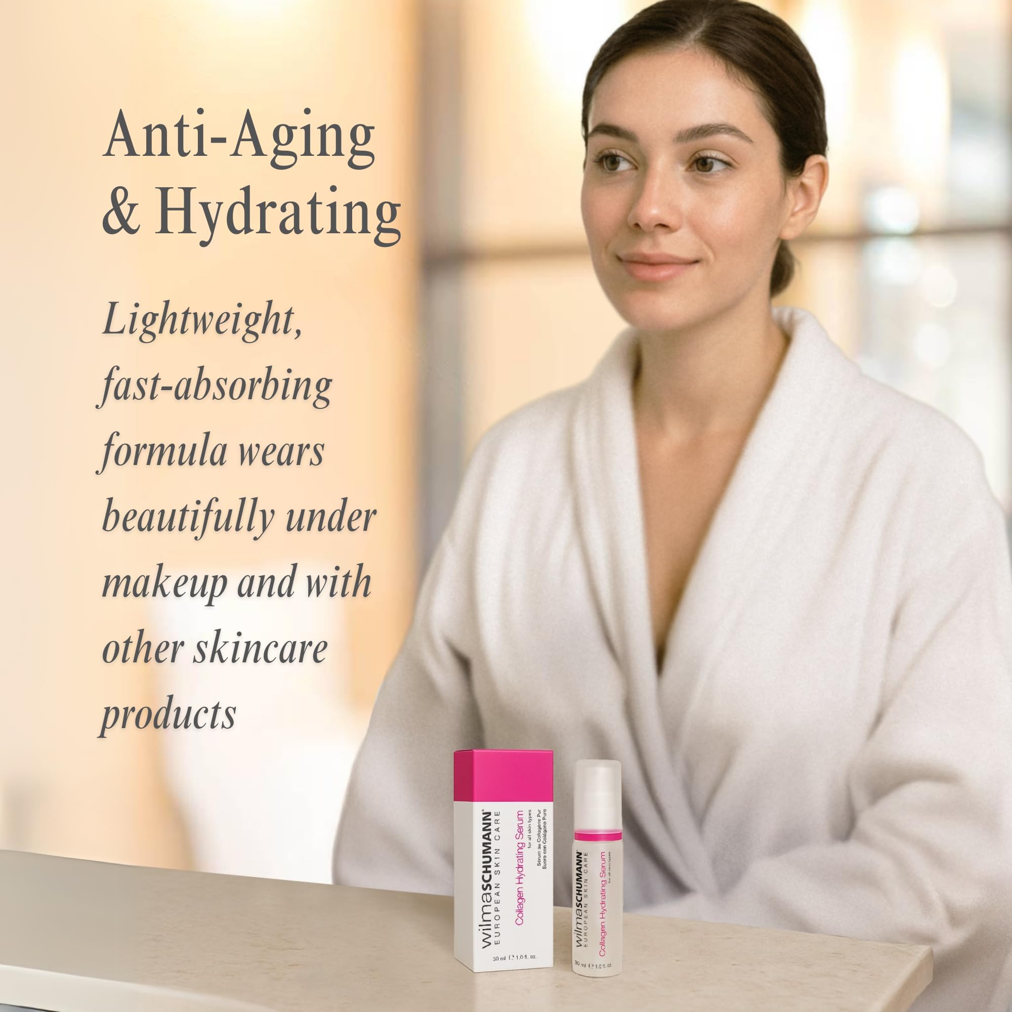 Wilma Schumann Collagen Hydrating Serum on skin showcases bright, refreshed complexion.