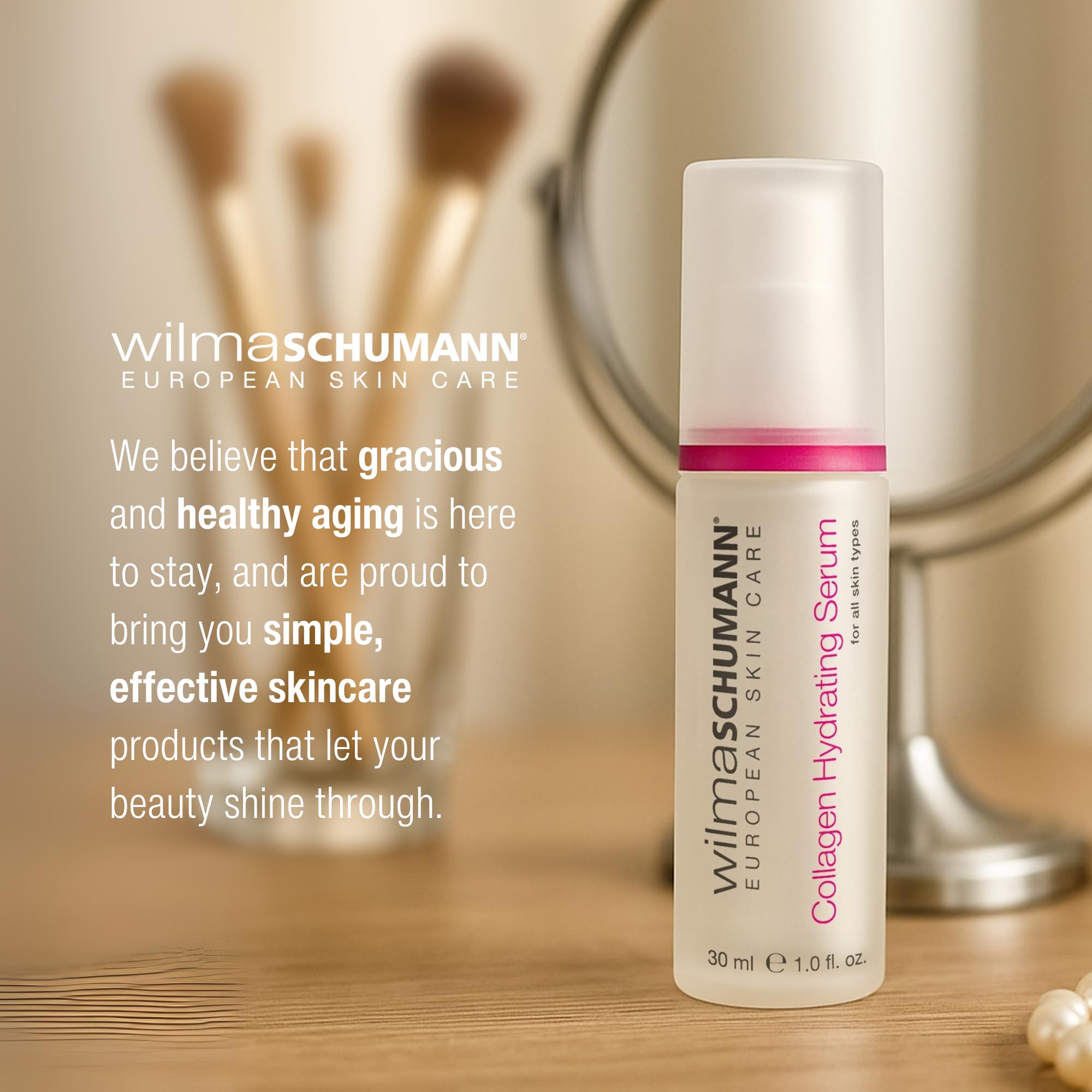 Wilma Schumann Collagen Hydrating Serum packaging highlights premium, dermatologist-tested quality.