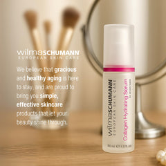 Wilma Schumann Collagen Hydrating Serum packaging highlights premium, dermatologist-tested quality.