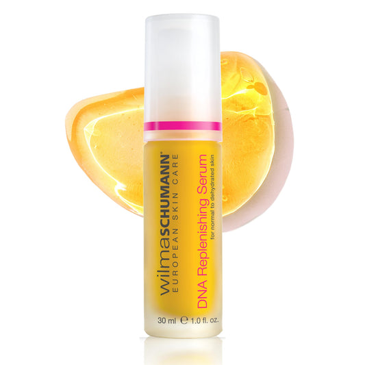 Wilma Schumann DNA Replenishing Serum bottle on vanity for daily radiance.