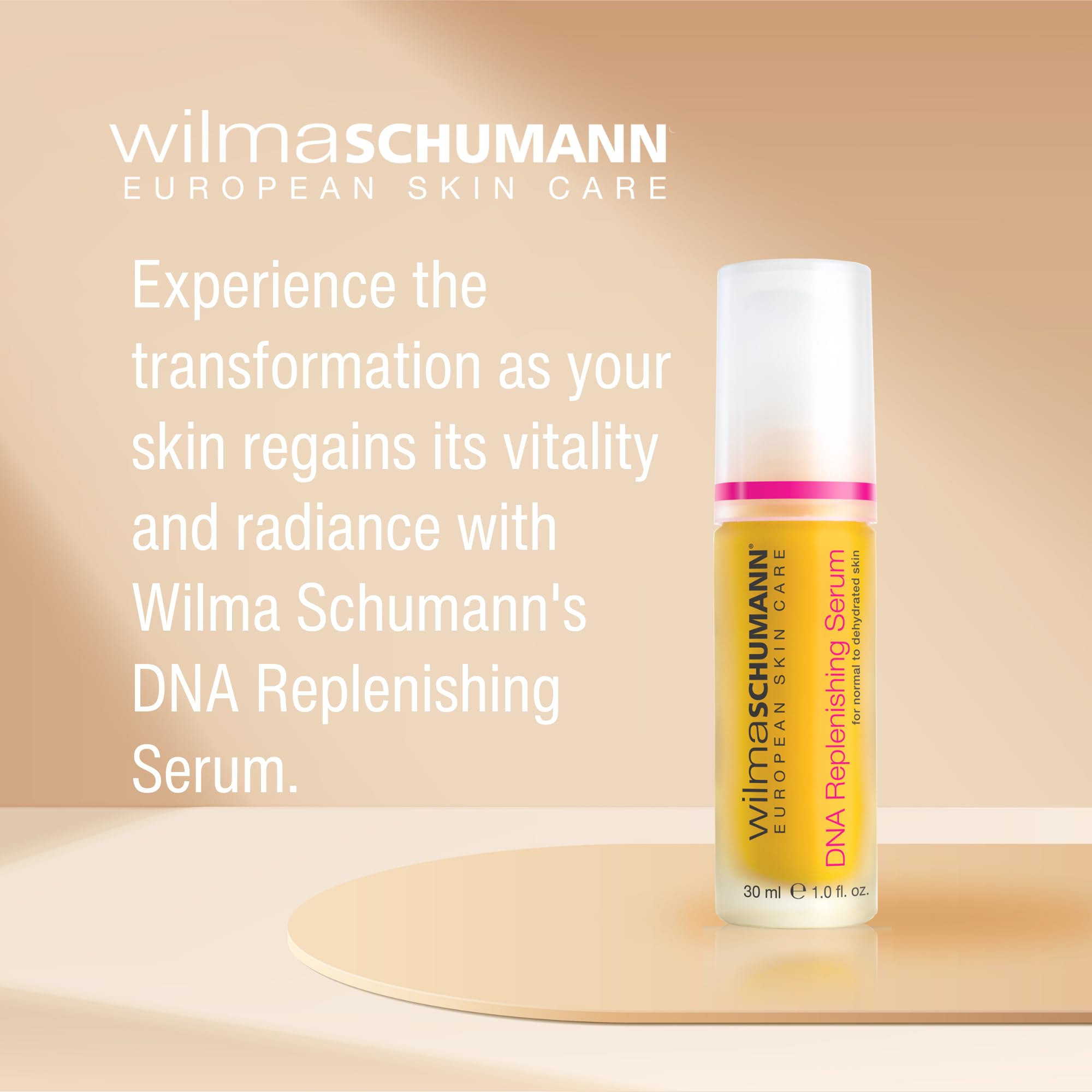Wilma Schumann serum bottle in a clean bathroom with minimalist branding.