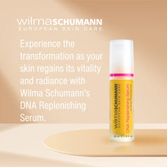 Wilma Schumann serum bottle in a clean bathroom with minimalist branding.