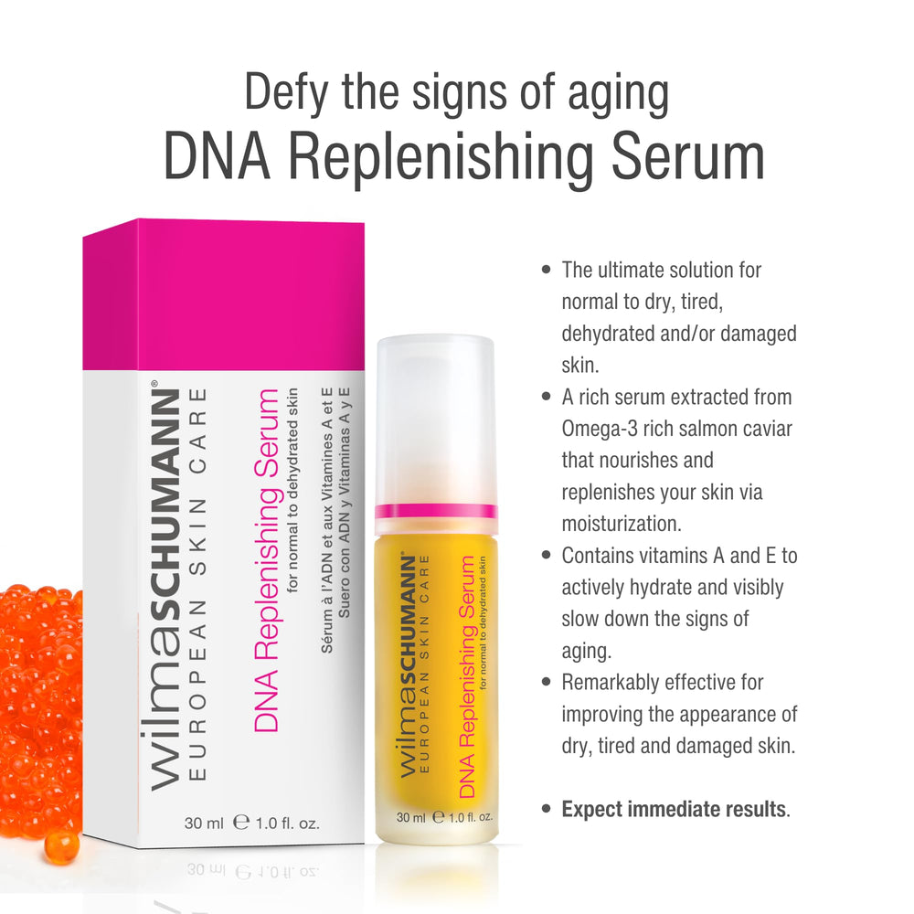 Wilma Schumann serum packaging beside a daily skincare routine.