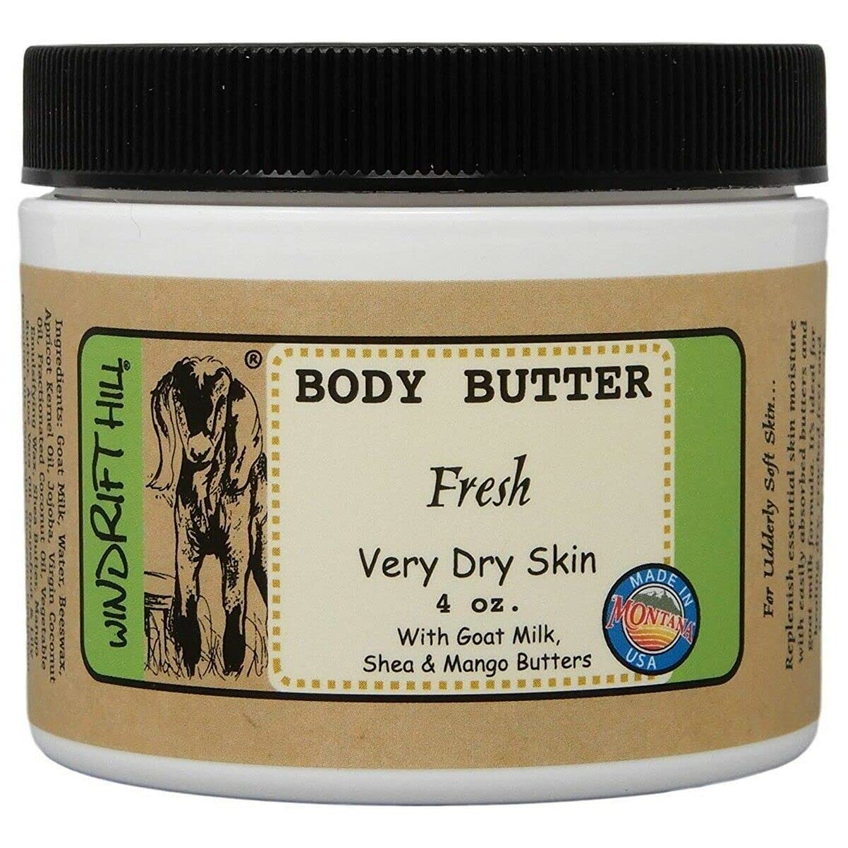 Windrift Hill 4oz body butter bottle offering rich hydration for very dry skin.