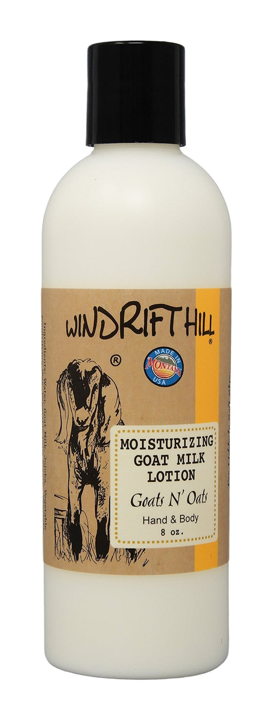 Windrift Hill Goats N' Oats Almond lotion bottle delivering silky hydration and quick absorption.