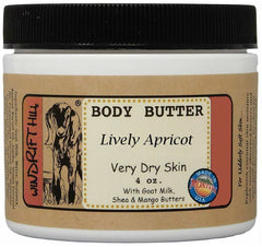 Windrift Hill Lively Apricot Body Butter 4oz jar; deeply moisturizing for very dry skin.
