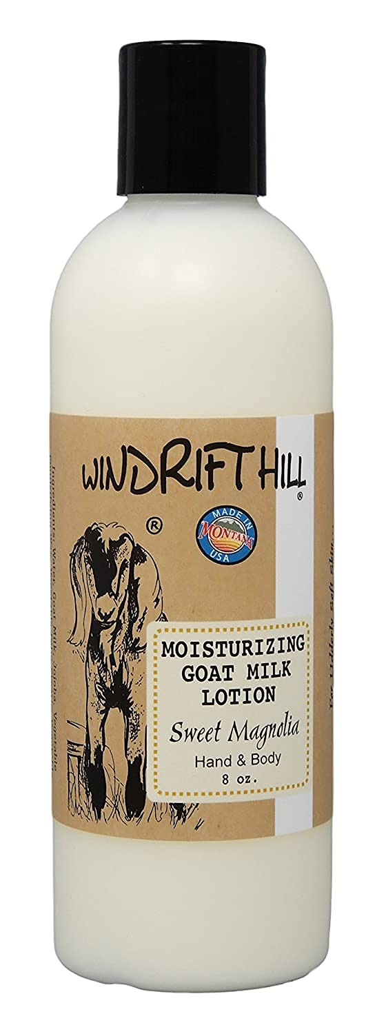 Windrift Hill goat milk lotion bottle; rich moisturizer for hands and body, absorbs quickly.
