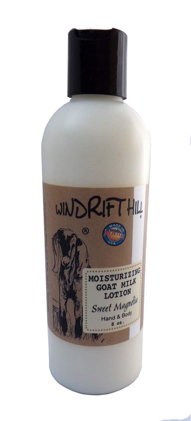Windrift Hill Moisturizing Goat's Milk Lotion bottle in Sweet Magnolia for deep hydration and soothing skin.