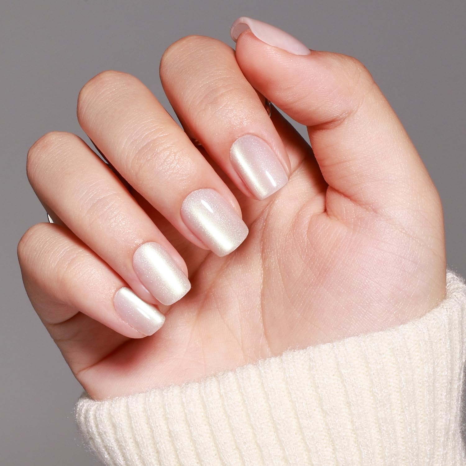 Winibeauty Moonlit Pearl nails on hand showcasing natural square feel