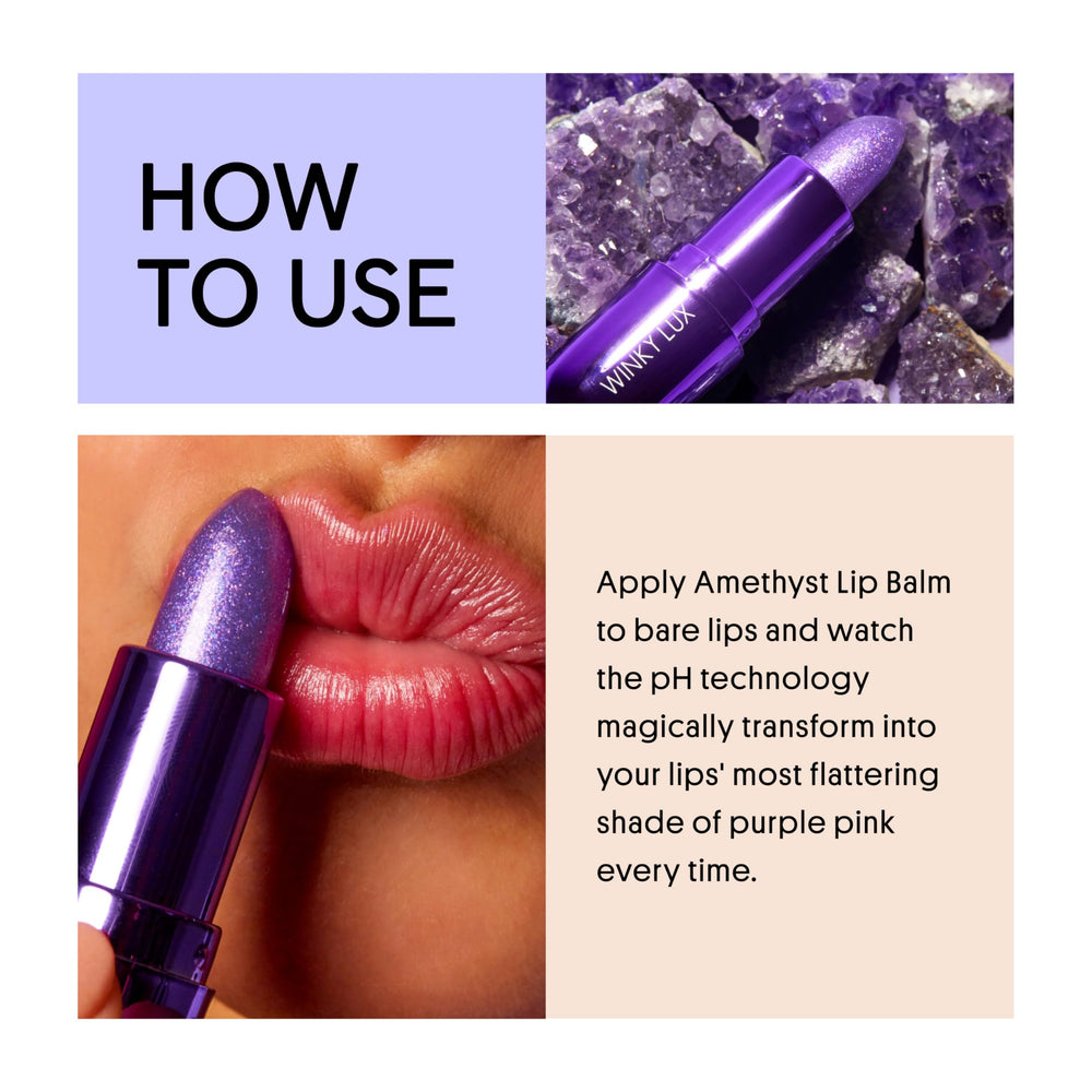 Winky Lux Amethyst Glimmer Balm pink coconut scent on vanity.