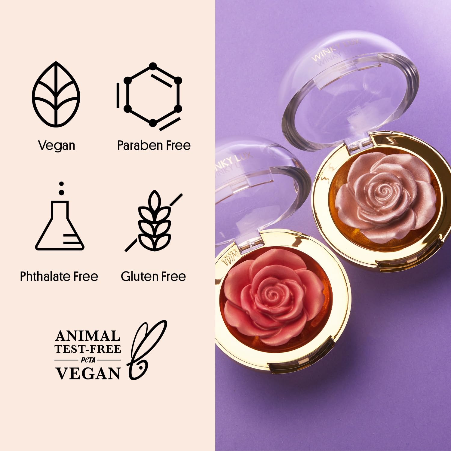 Winky Lux Cheeky Rose Highlighter shown on shelf with packaging and glow