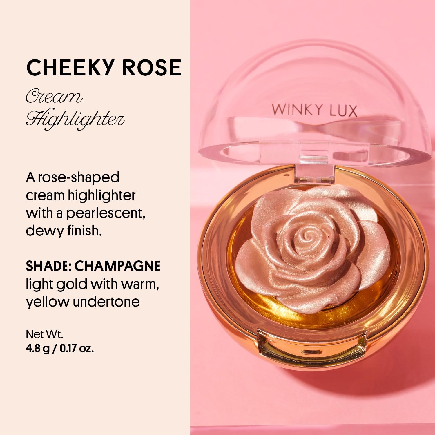 Winky Lux Cheeky Rose Highlighter delivers pearlescent glow on cheekbones and brow bones
