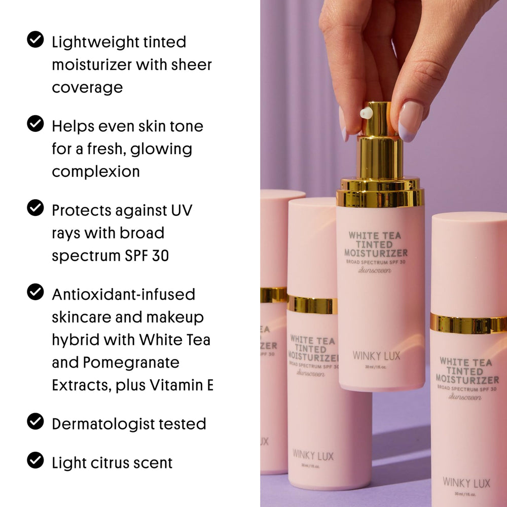 Swatch of Winky Lux White Tea Tinted Moisturizer on skin for natural finish