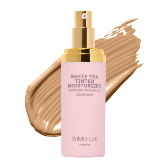 Winky Lux White Tea Tinted Moisturizer SPF 30 bottle showing lightweight protection for daily wear