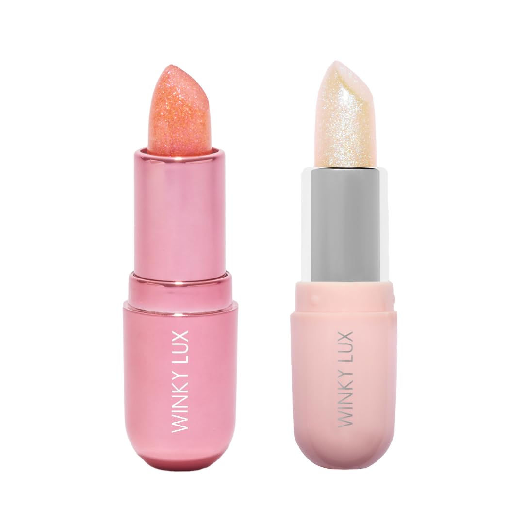 Winky Lux Pink Opal Unicorn Glimmer Balm Duo on lips with personalized pink shimmer