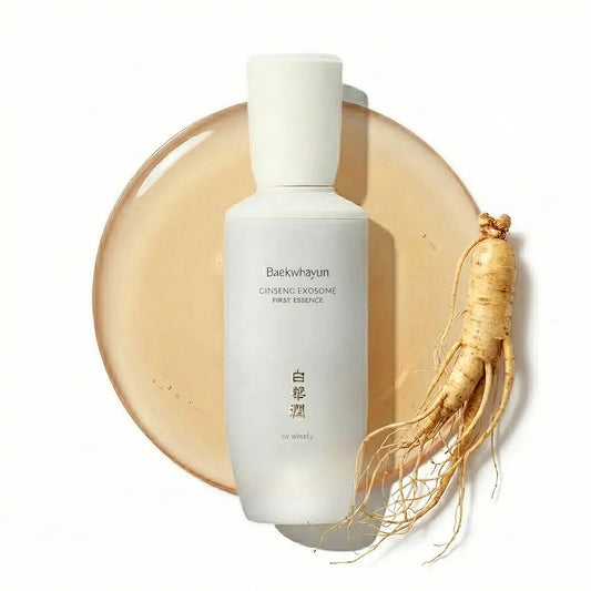 WISELY Ginseng Exosome First Essence bottle pour showing hydrating glow