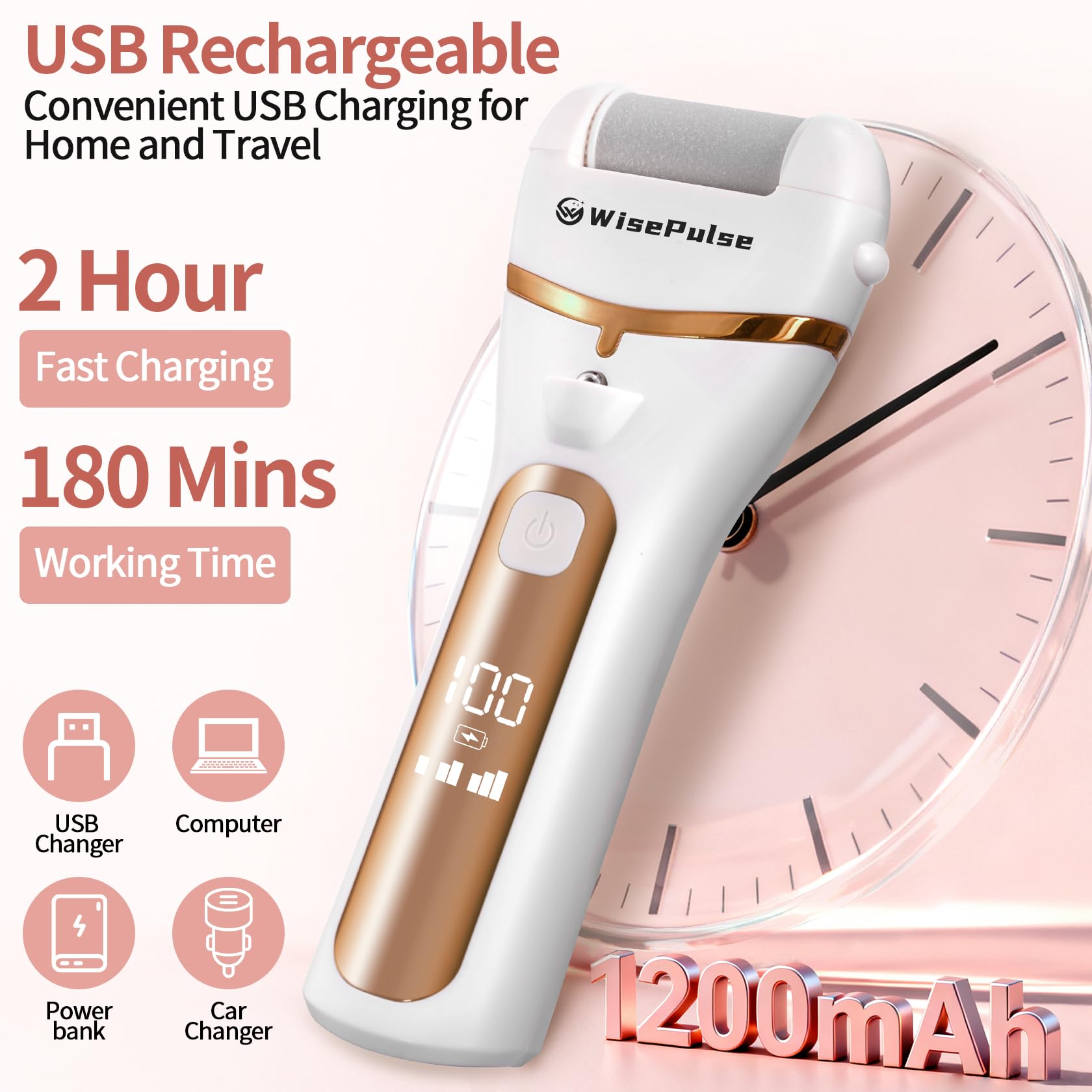 WisePulse electric foot callus remover with LED display for easy power monitoring