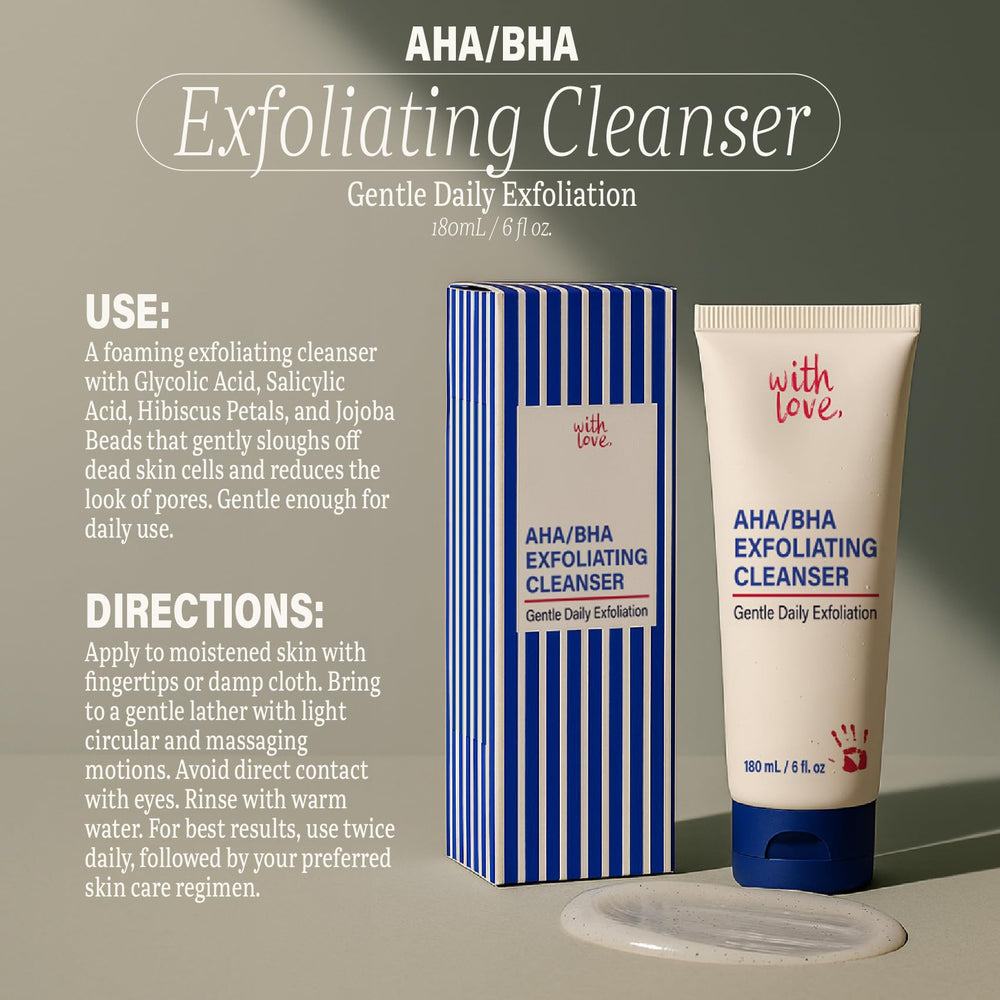 With Love bottle on clean vanity highlighting easy daily cleansing routine.