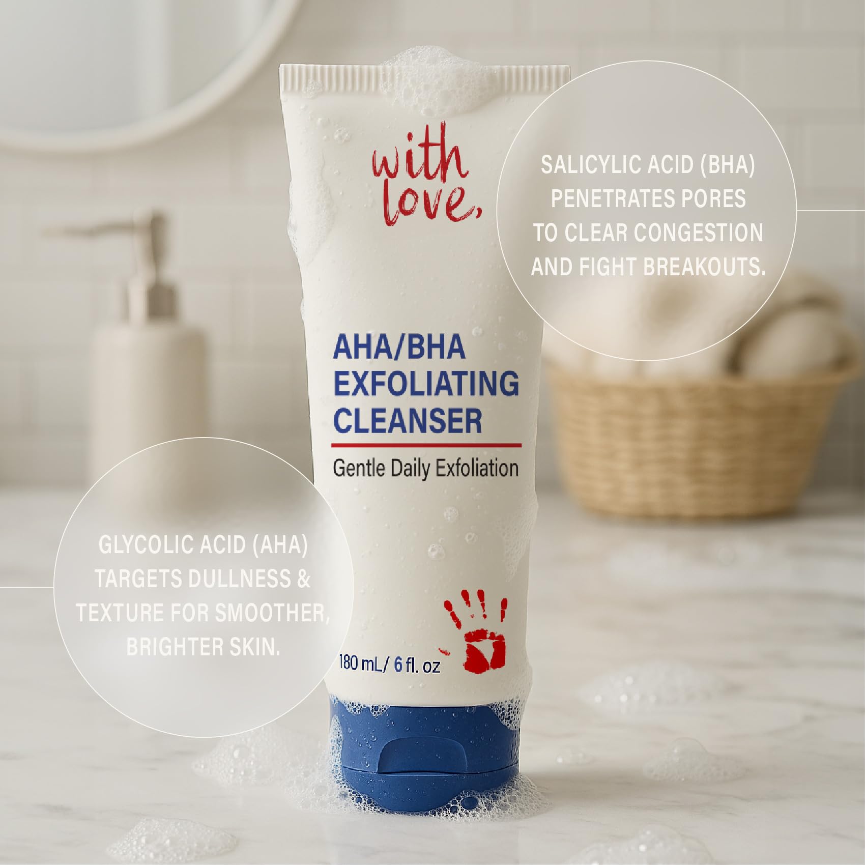 With Love AHA/BHA exfoliant closeup shows gentle beads for acne-prone skin.