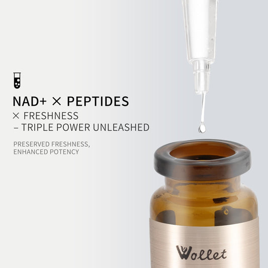 Close-up of Wollet NAD+ peptide serum bottle highlighting potent formulation.