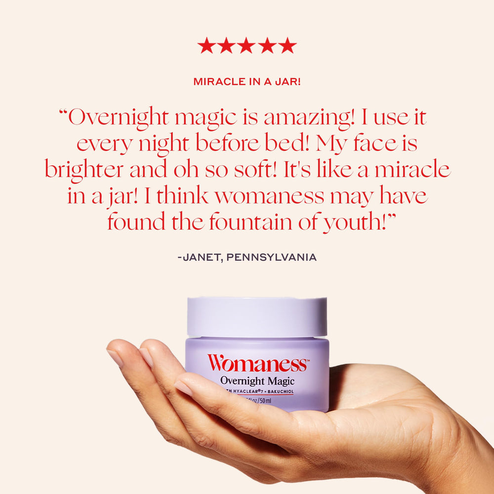 Womaness Night cream being massaged into skin showing luxurious, fast-absorbing texture.