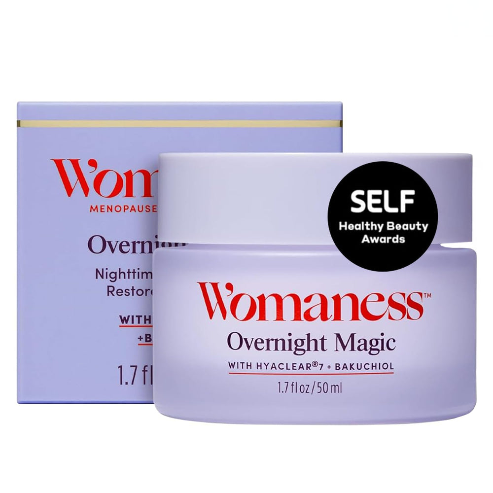 Womaness Overnight Magic Cream jar closeup delivering rich overnight hydration for smoother skin.