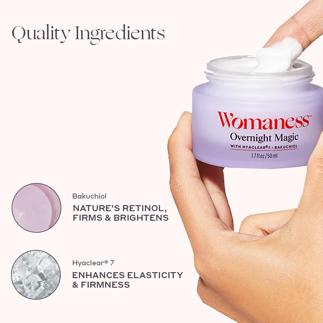 Womaness Overnight Magic Cream texture closeup highlighting lightweight, non-greasy hydration feel.