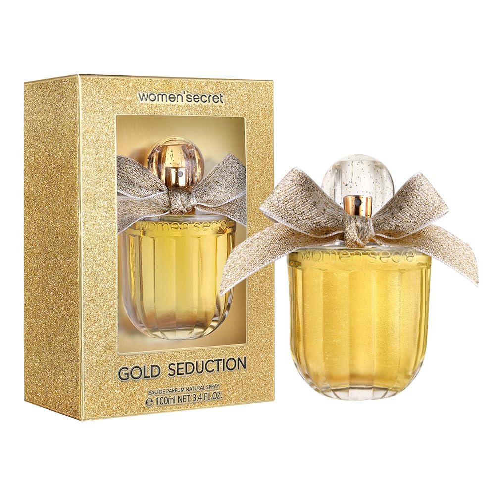 Women Secret Gold Seduction bottle on dresser conveys elegant daily luxury.
