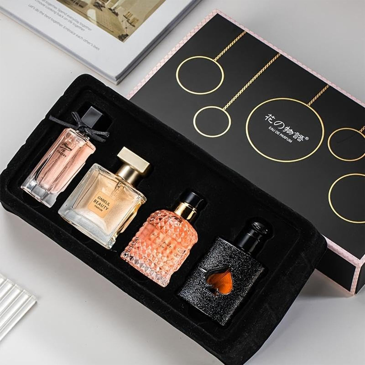 Women's Perfume Set front view in a gift box with gold accents, ideal for gifting.