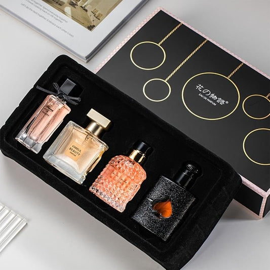 Women's Perfume Set front view in a gift box with gold accents, ideal for gifting.