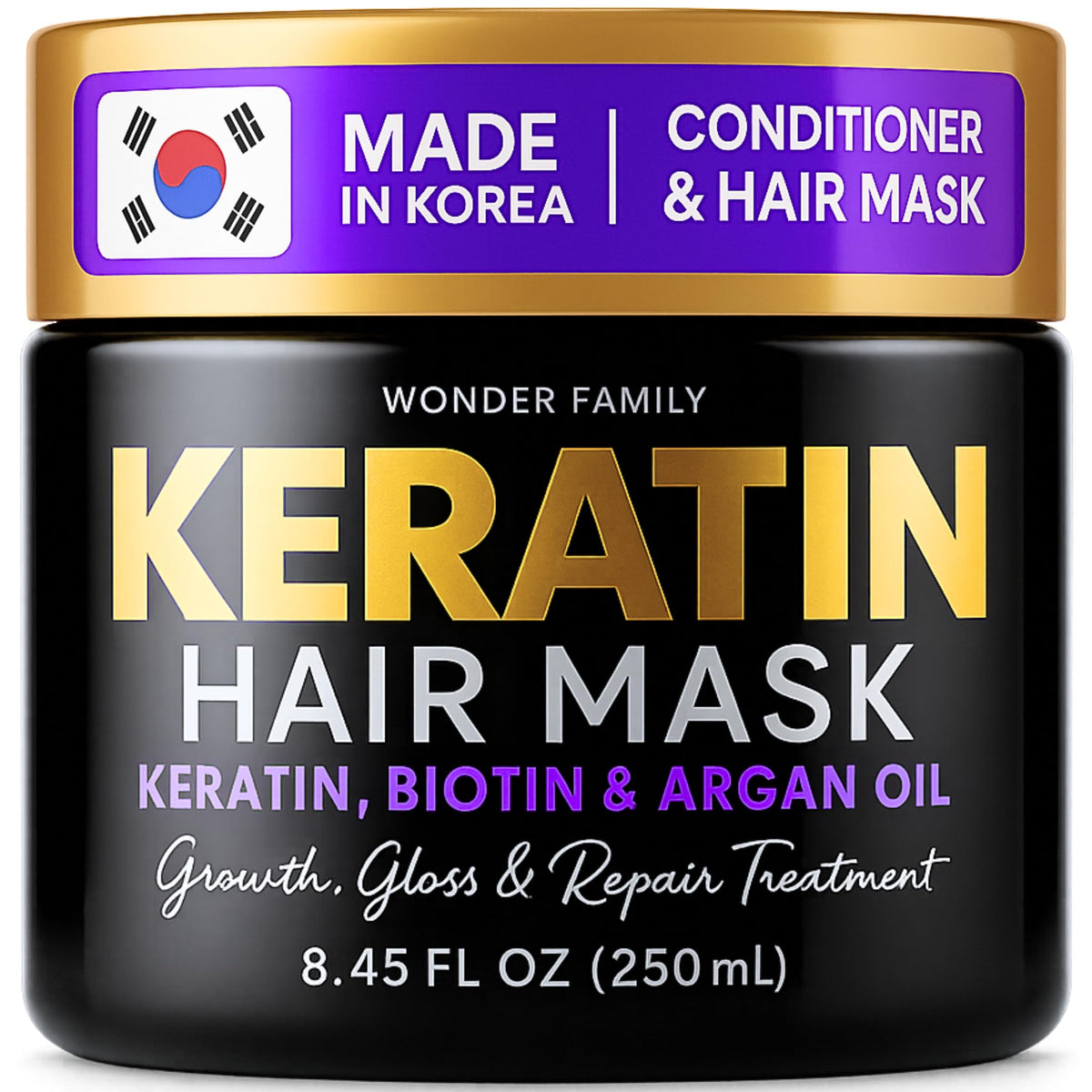 WONDER FAMILY Keratin Mask bottle demonstrates deep conditioning for damaged hair.
