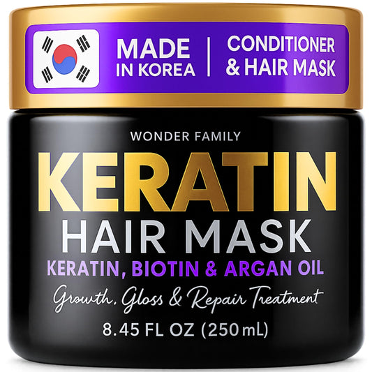 WONDER FAMILY Keratin Mask bottle demonstrates deep conditioning for damaged hair.